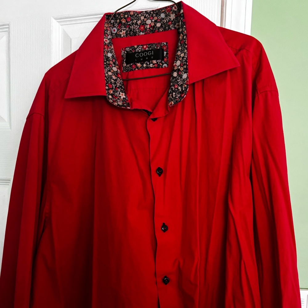 COOGI Men’s Red Button-Front Shirt Jacket with Floral Lining